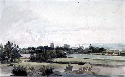 Landschaft in Suffolk, Felder mit einem Baumgürtel, ein Kirchturm, Häuser und eine Windmühle